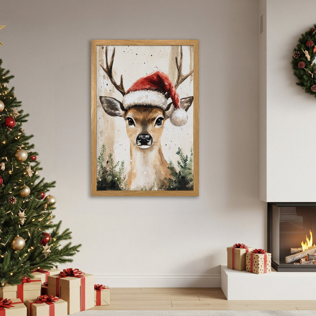 Framed Poster of a deer wearing a Santa hat. Watercolor style, warm neutral palette, perfect Christmas decor.