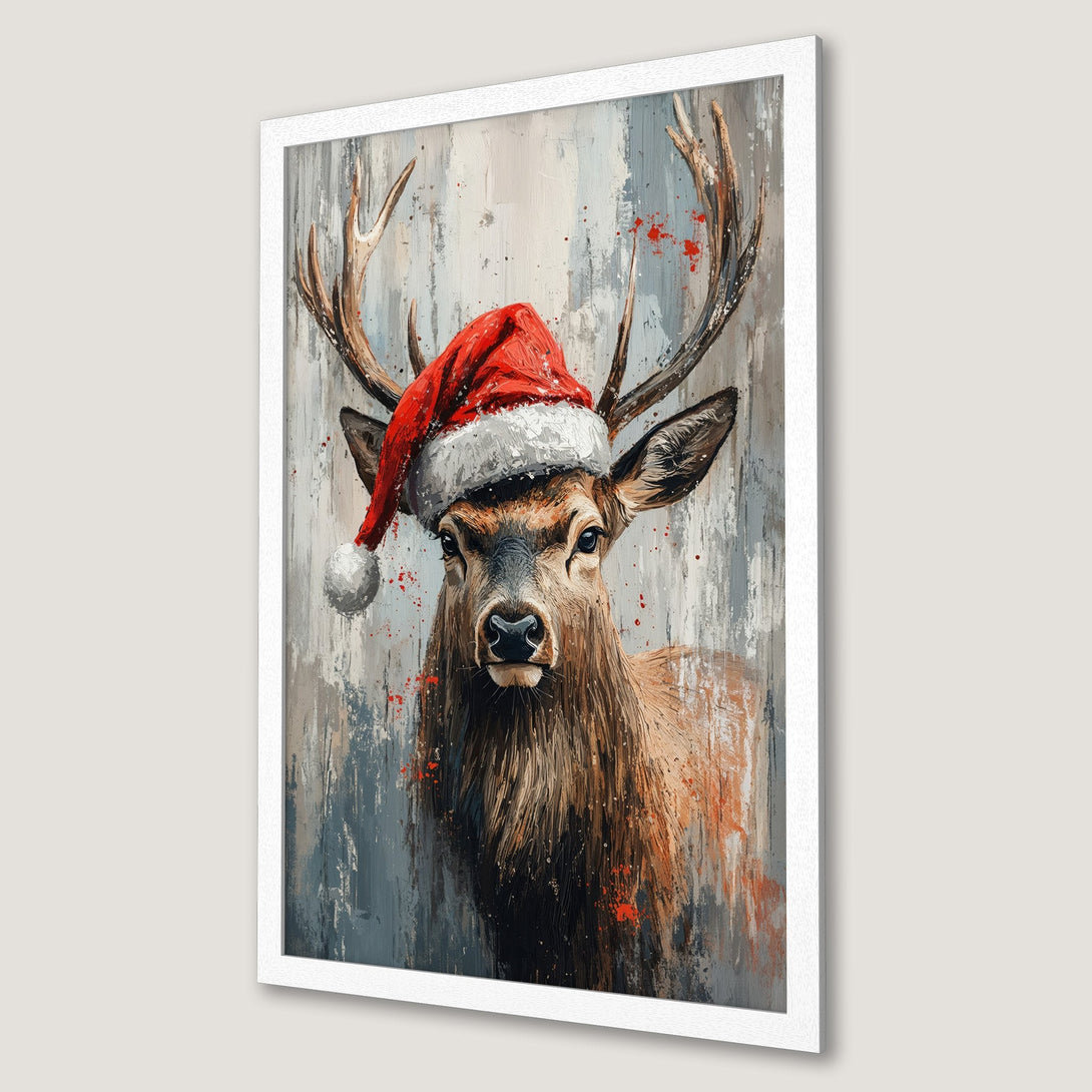 Framed Poster featuring a deer in a Santa hat. Artistic style with a gray, brown, and red color palette. Perfect for holiday decor!