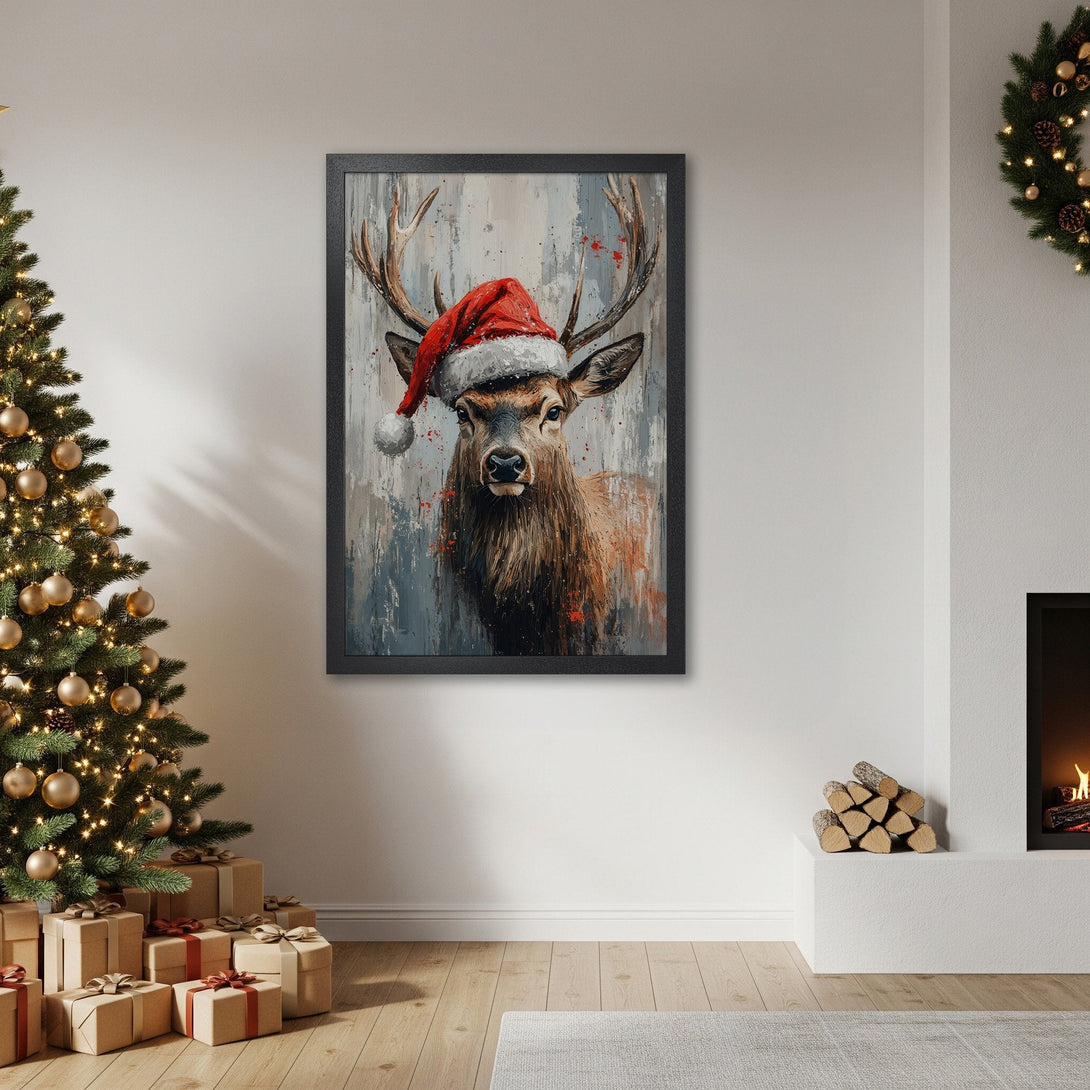 Framed Poster featuring a deer in a Santa hat, painted in a modern style with a gray, red, and brown palette. Perfect Christmas decor!