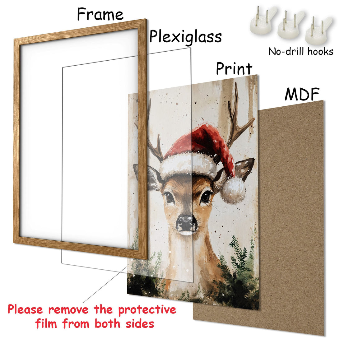 Framed Poster featuring a watercolor deer in a Santa hat, warm neutral tones. Perfect holiday decor!