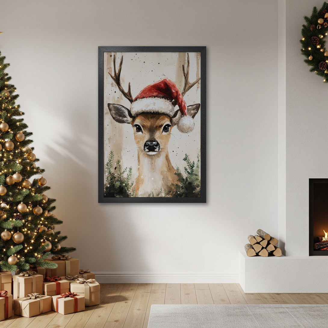 Framed Poster of a watercolor deer wearing a Santa hat. Festive holiday decor in neutral tones. Perfect Christmas gift!