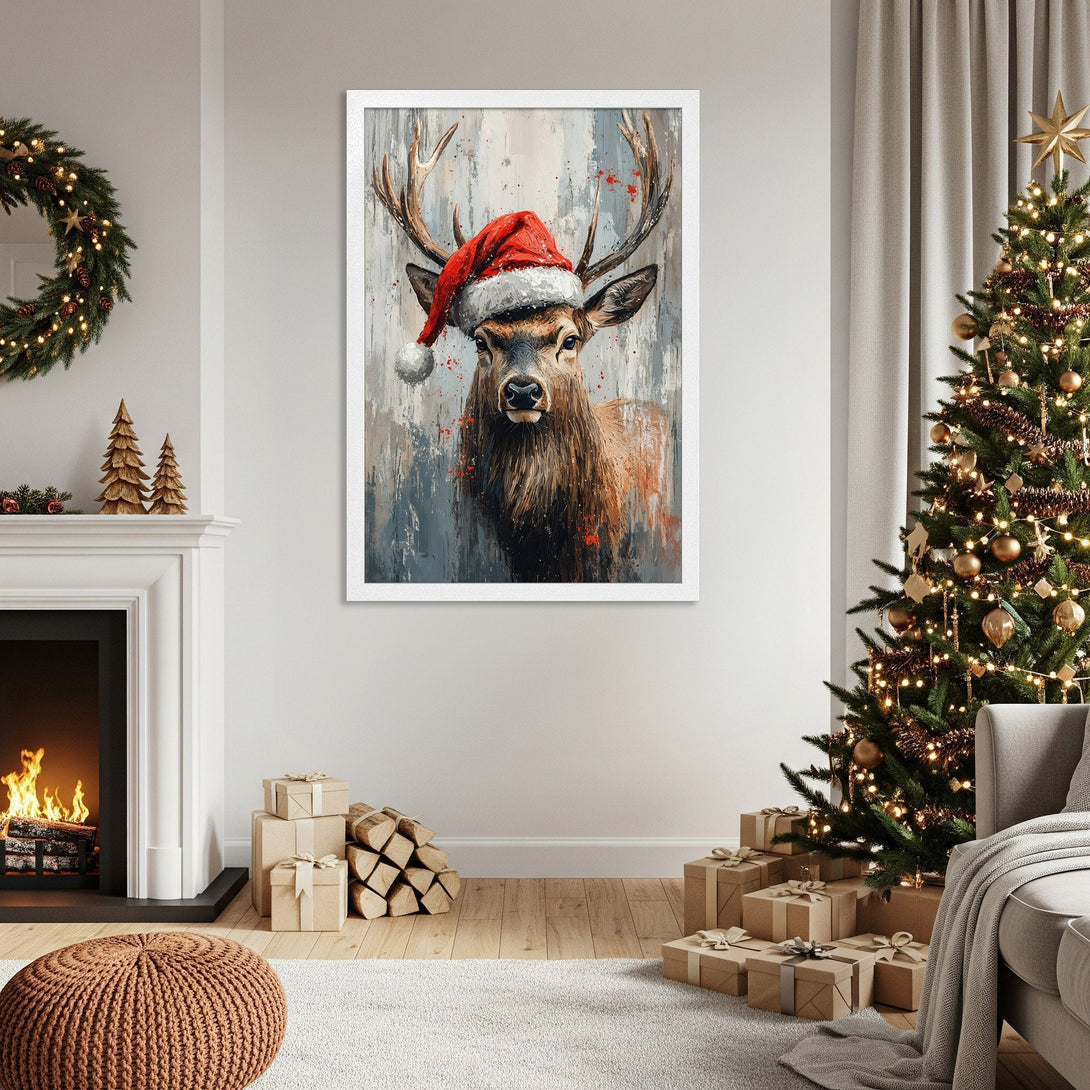 Framed Poster featuring a festive deer in a Santa hat, painted in a textured style with a gray, red, and brown color palette. Perfect Christmas decor!