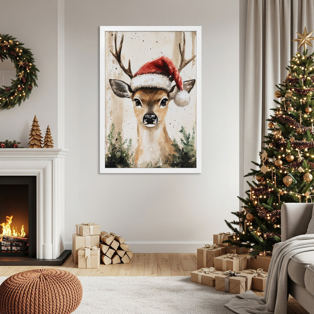 Framed Poster of a deer in a Santa hat, watercolor style, warm neutral color palette, perfect for Christmas decor.