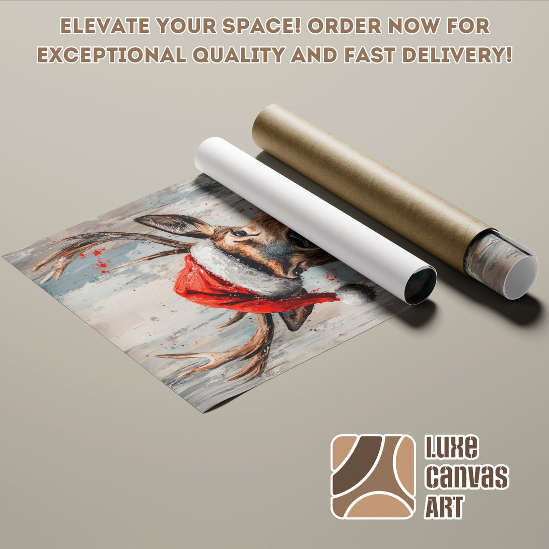Poster Roll featuring a deer in a red scarf, artistic style, neutral and red color palette. Elevate your space!