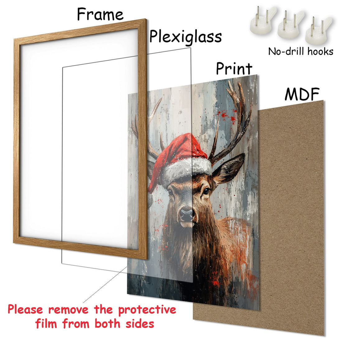 Framed Poster featuring a festive deer in a Santa hat, painted in a textured style with a muted gray, brown, and red color palette.