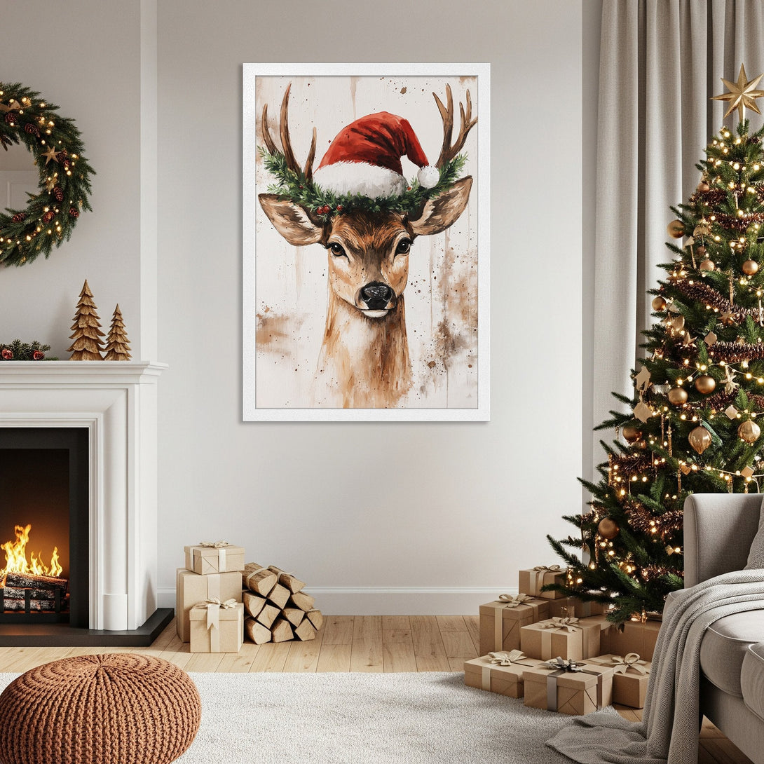 Framed Poster featuring a watercolor deer in a Santa hat. Festive art in warm brown, red, and green tones. Perfect Christmas decor!
