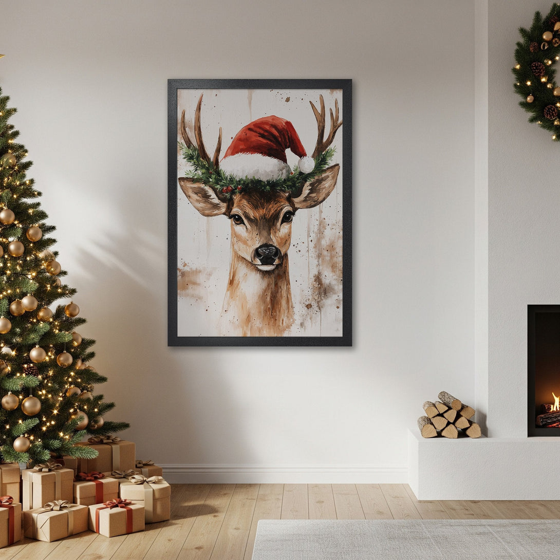 Framed Poster featuring a watercolor deer in a Santa hat. Festive holiday decor with warm brown and red tones. Perfect Christmas wall art.