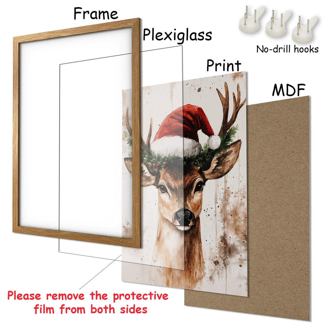 Framed Poster of a deer wearing a Santa hat. Watercolor style with a warm brown and red color palette. Perfect holiday decor!