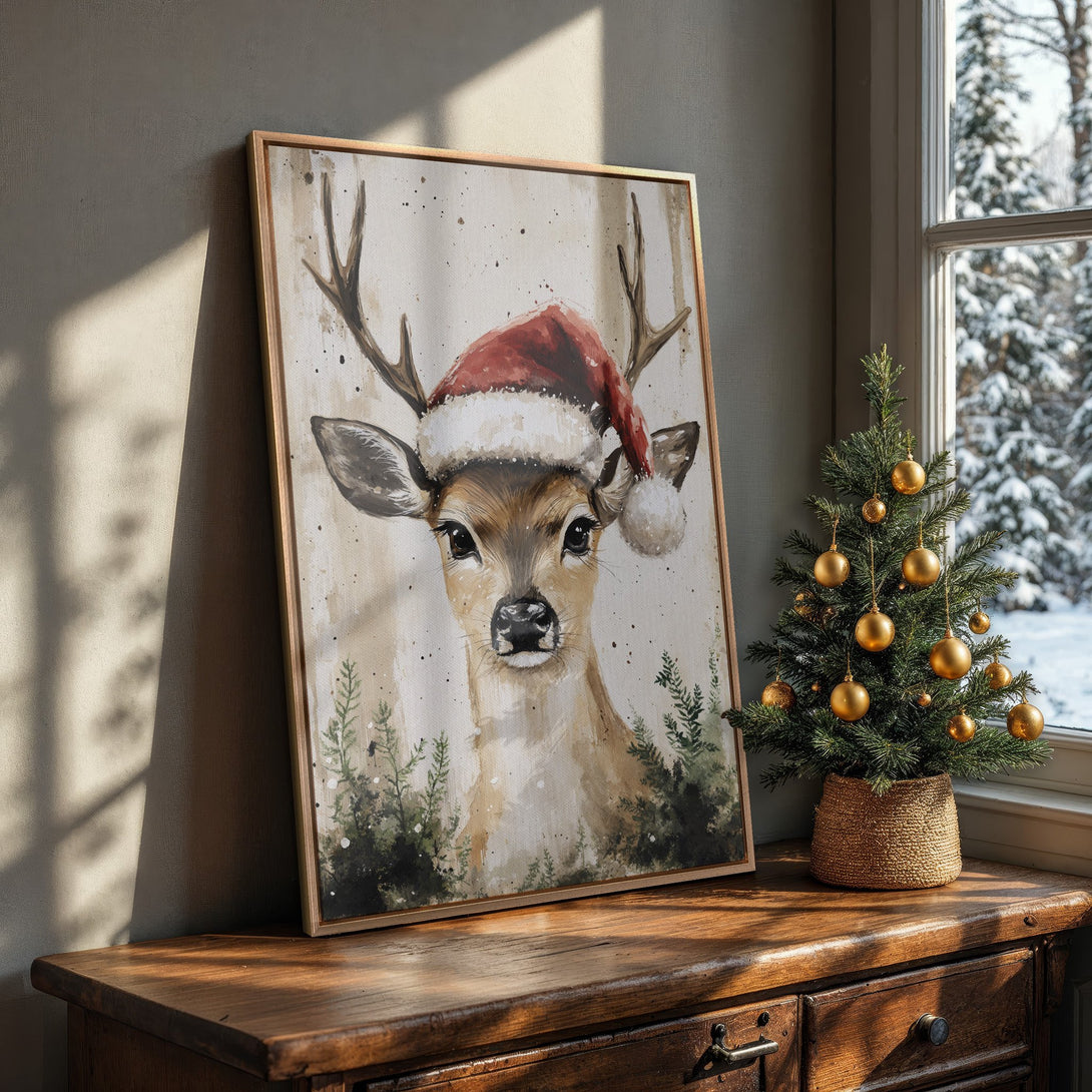 Framed Wall Art: Watercolor deer in Santa hat. Rustic style, warm brown & cream palette. Perfect Christmas decor!