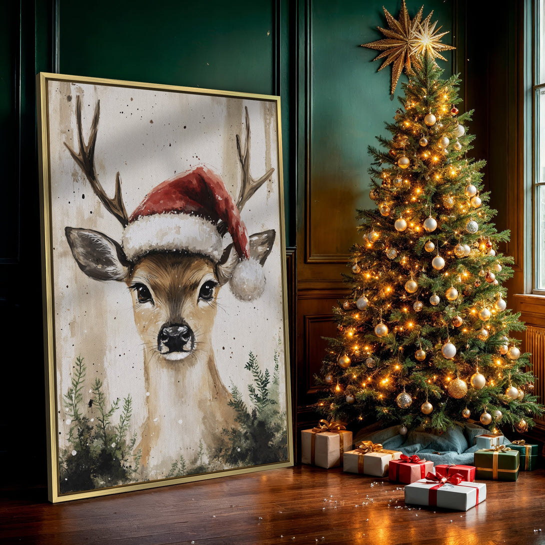 Canvas Print featuring a watercolor deer wearing a Santa hat. Rustic style, warm neutral tones with pops of red and green. Perfect holiday decor!
