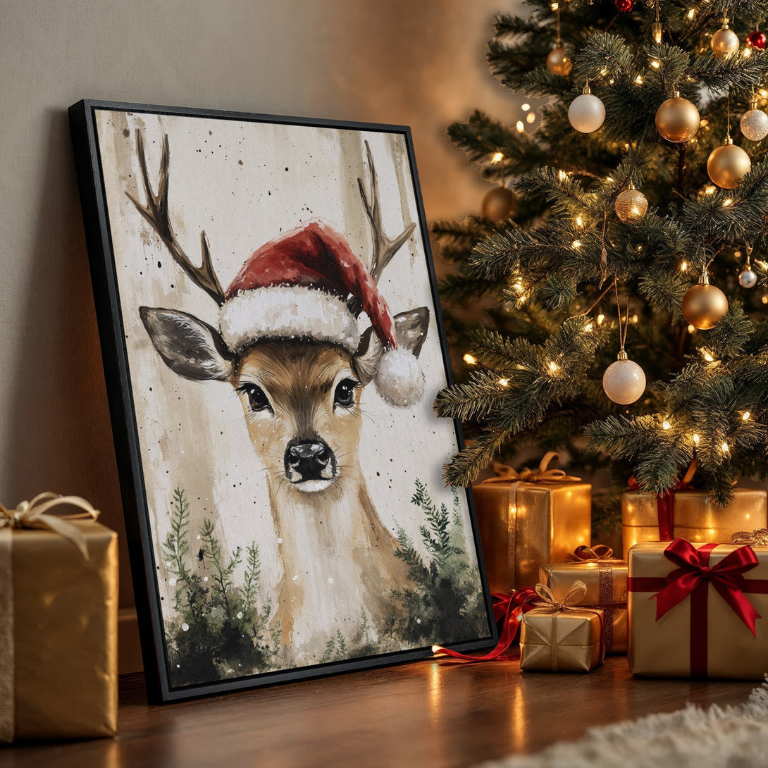 Framed Wall Art: Watercolor deer in Santa hat. Rustic style, warm neutral palette. Perfect Christmas decor!