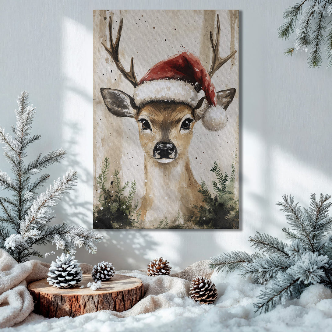 Framed Wall Art: Watercolor deer in Santa hat, warm neutral palette, Christmas decor. Perfect holiday gift!
