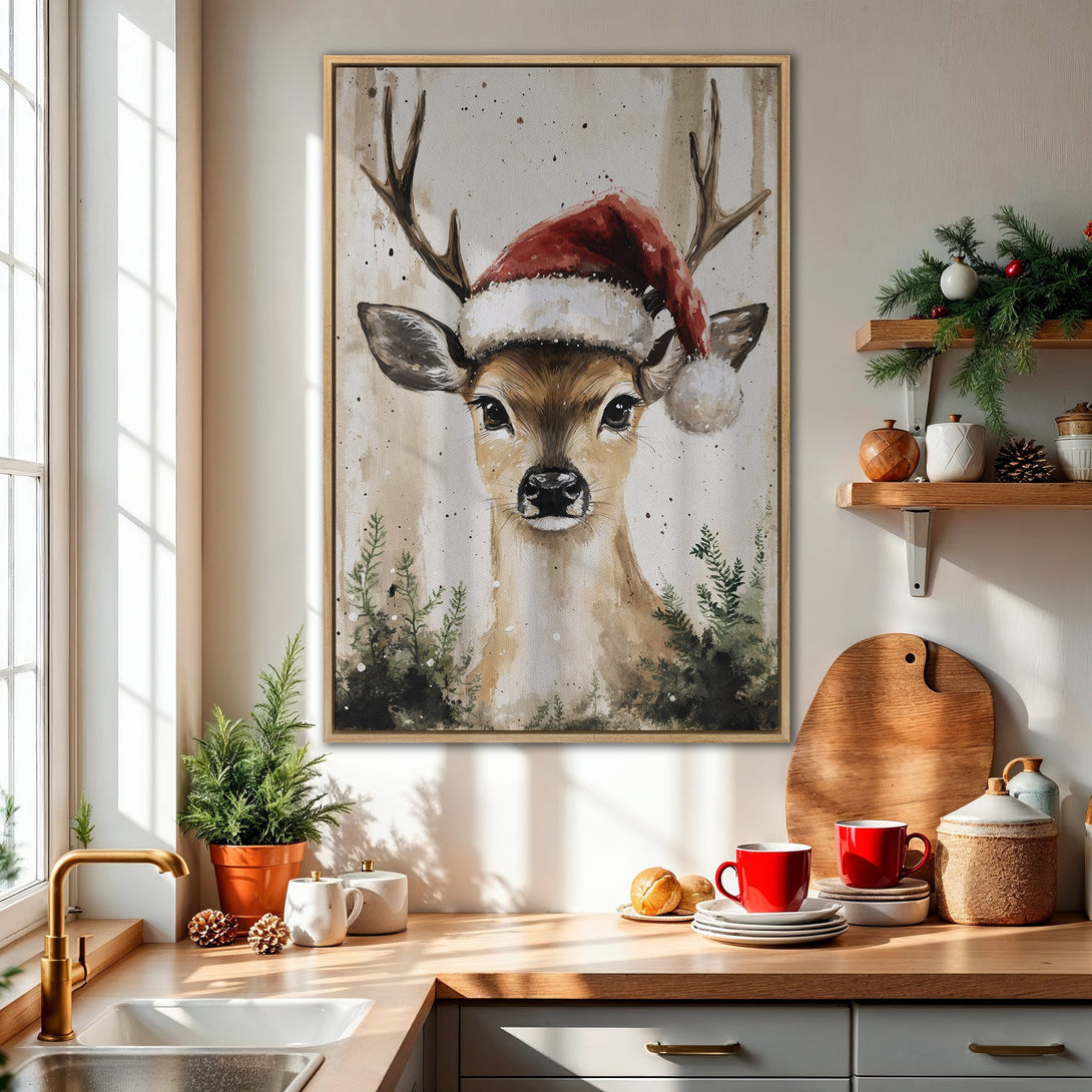 Framed Wall Art featuring a charming deer in a Santa hat, painted in watercolor style with a warm, neutral color palette, perfect for holiday decor.