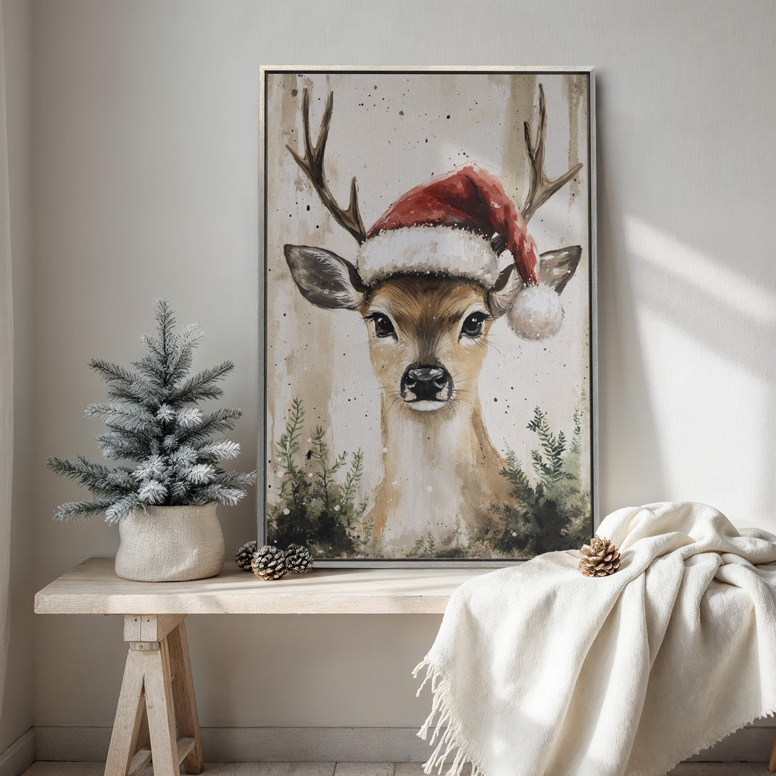 Framed Wall Art: Watercolor deer wearing Santa hat. Rustic style, warm neutral & red color palette. Perfect holiday decor for your home!
