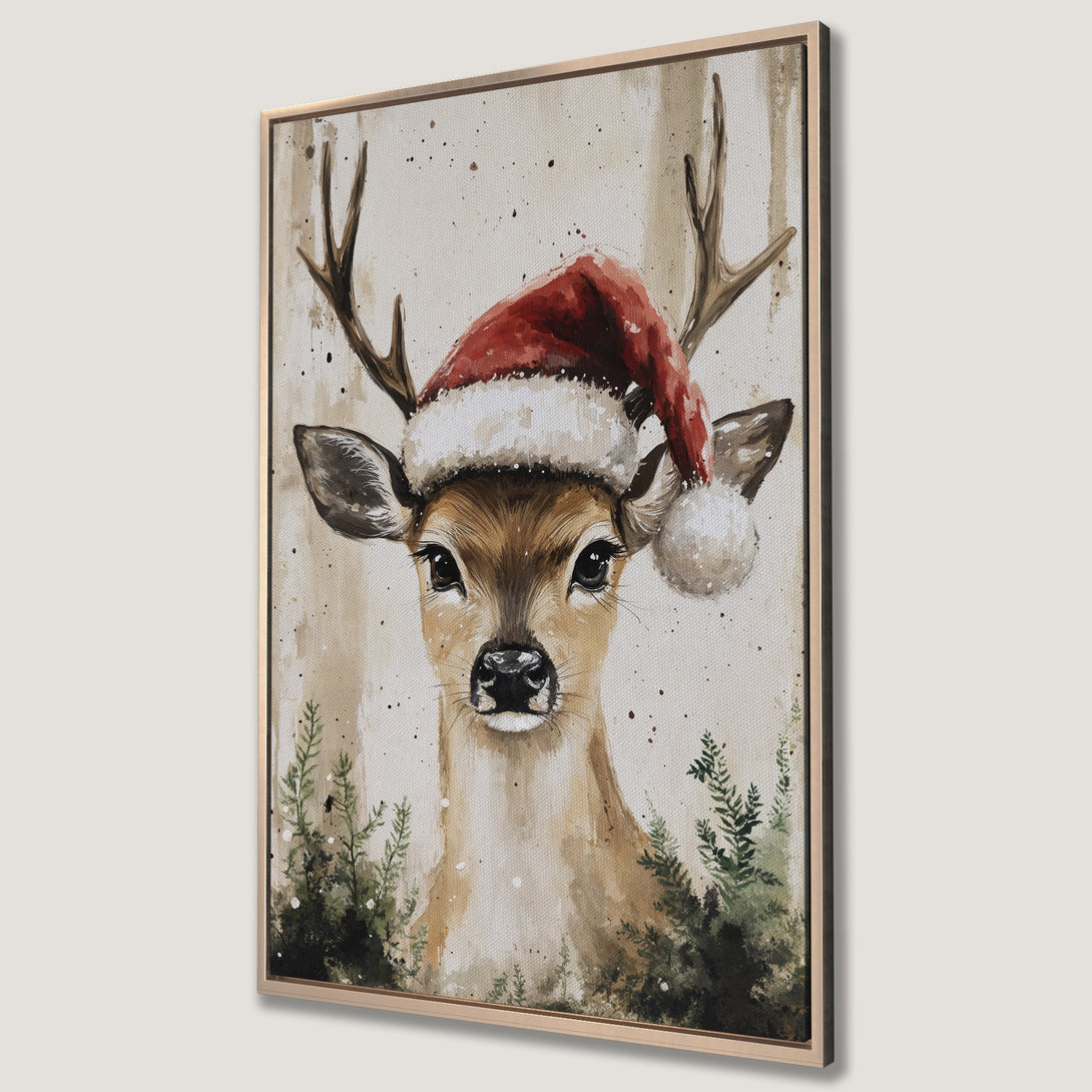 Framed Wall Art: Watercolor deer in Santa hat. Rustic style with warm, neutral tones and pops of red & green. Perfect Christmas decor!