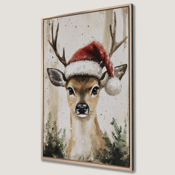 Framed Wall Art: Watercolor deer in Santa hat. Rustic style with warm, neutral tones and pops of red & green. Perfect Christmas decor!