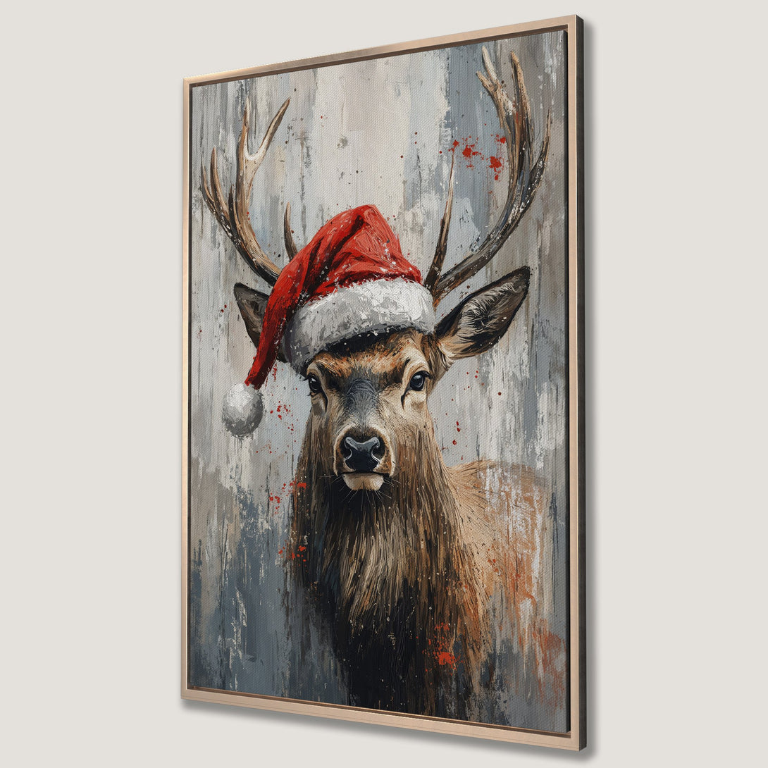 Framed Wall Art: Festive deer wearing a Santa hat. Abstract style with a gray, brown, and red color palette. Perfect Christmas decor!