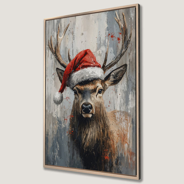 Framed Wall Art: Festive deer wearing a Santa hat. Abstract style with a gray, brown, and red color palette. Perfect Christmas decor!
