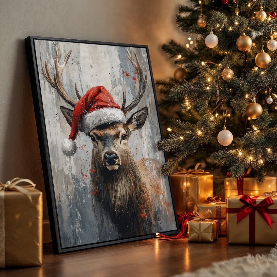 Framed Wall Art: Festive deer in Santa hat, abstract style, neutral & red palette. Perfect Christmas decor for your home!