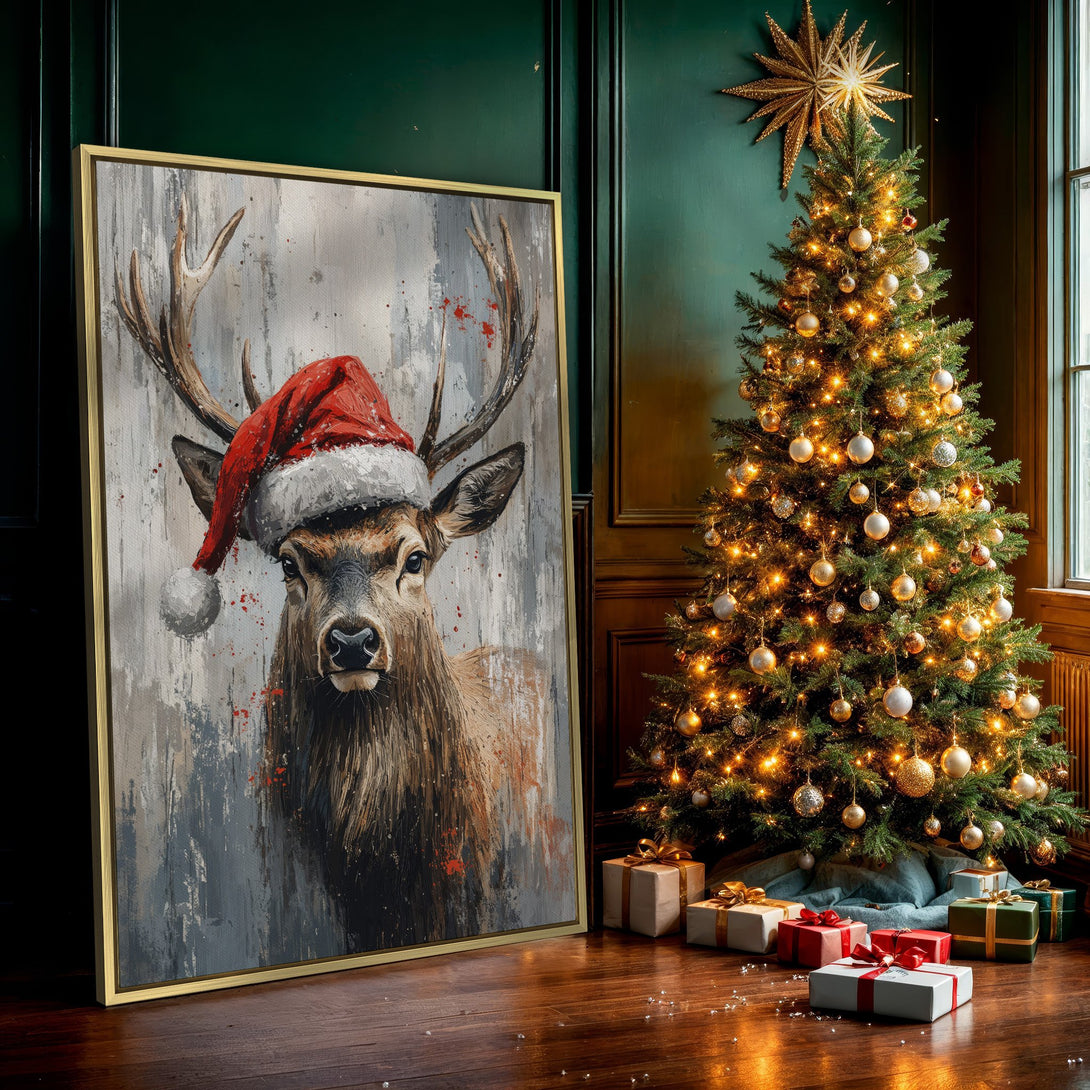 Canvas Print of a festive deer in a Santa hat, abstract style, with a neutral and red color palette. Perfect Christmas wall art!