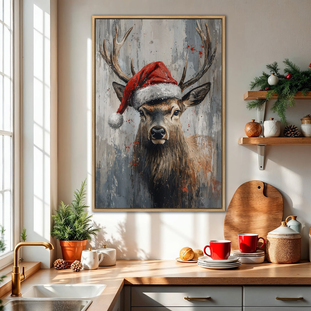 Framed Wall Art: Festive deer in Santa hat. Rustic style, neutral gray & brown palette with pops of red. Perfect Christmas decor!