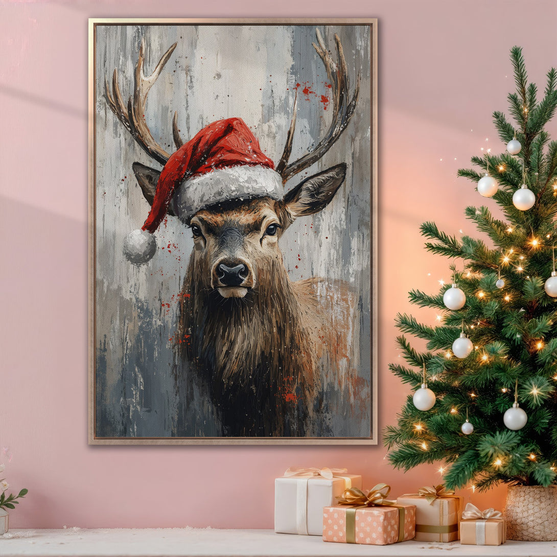 Framed Wall Art: Festive deer in Santa hat, abstract style, neutral & red palette. Perfect Christmas decor! Add holiday cheer with this canvas print.