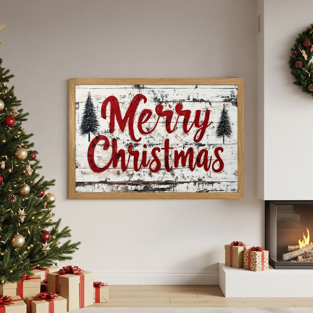 Framed Poster featuring "Merry Christmas" in rustic style with red & white color palette, perfect holiday decor.