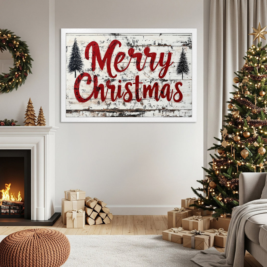 Framed Poster featuring "Merry Christmas" in red script on a rustic white wood background. Festive holiday decor. Red, white, and black color palette.