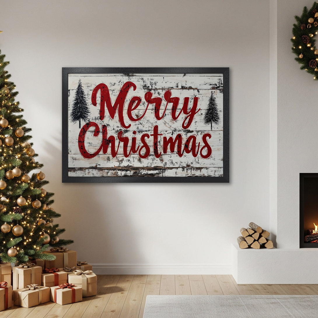 Framed Poster with "Merry Christmas" in red on distressed white background. Rustic style, festive decor, red & white color palette.