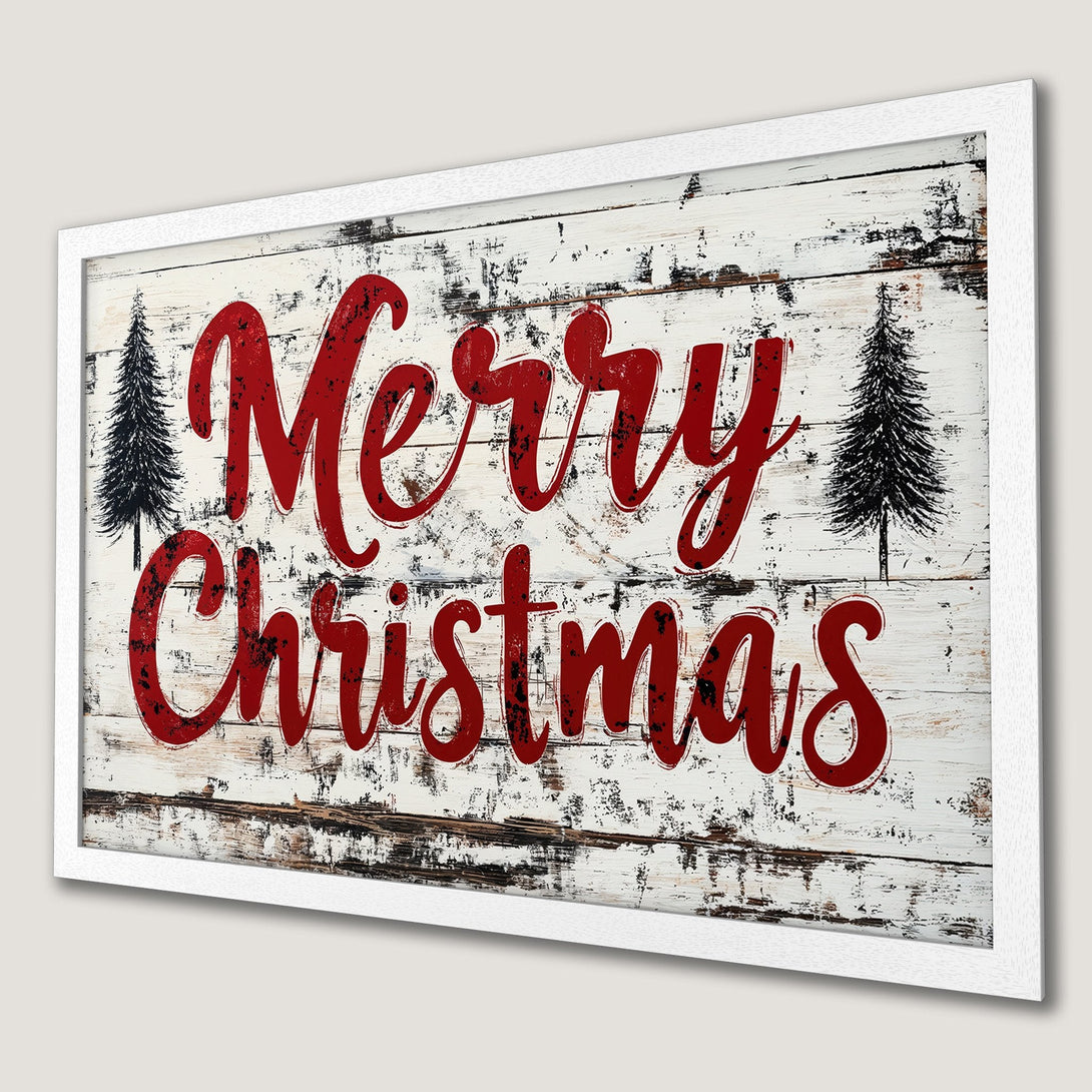 Framed Poster featuring "Merry Christmas" in red script on a rustic, distressed wood background. Festive holiday decor, red, black, and white color palette.