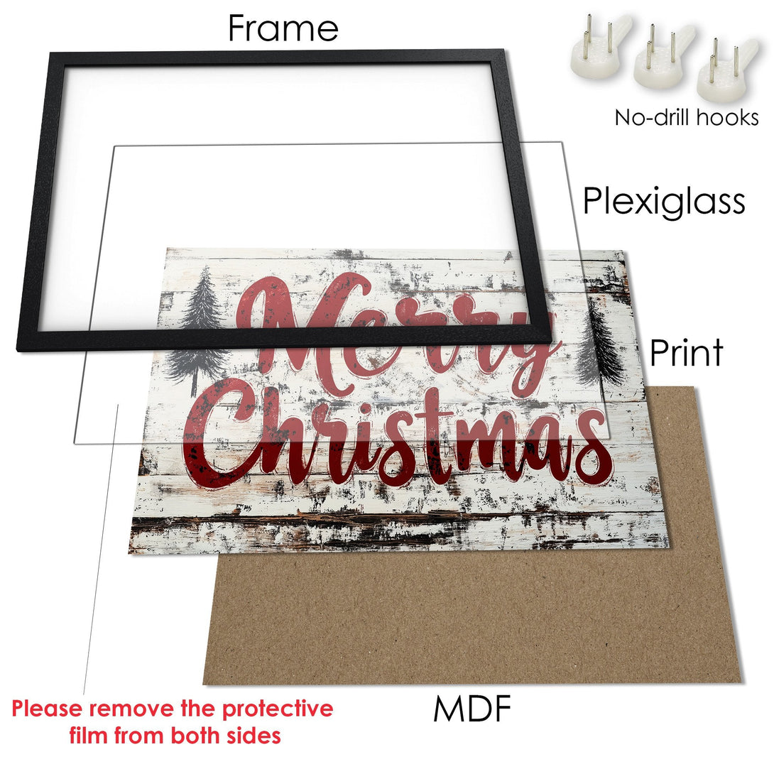 Framed Poster: Merry Christmas design in red & white, rustic style. Perfect holiday decor! Get your festive Poster today!