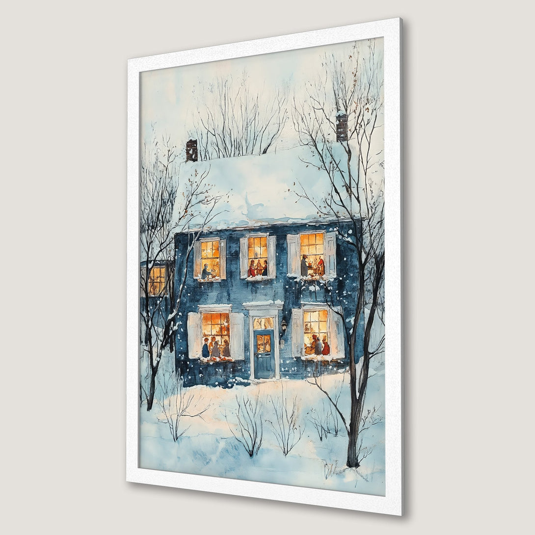 Framed Poster of a cozy winter scene with a blue house, watercolor style, cool blue and warm yellow palette. Perfect holiday decor!