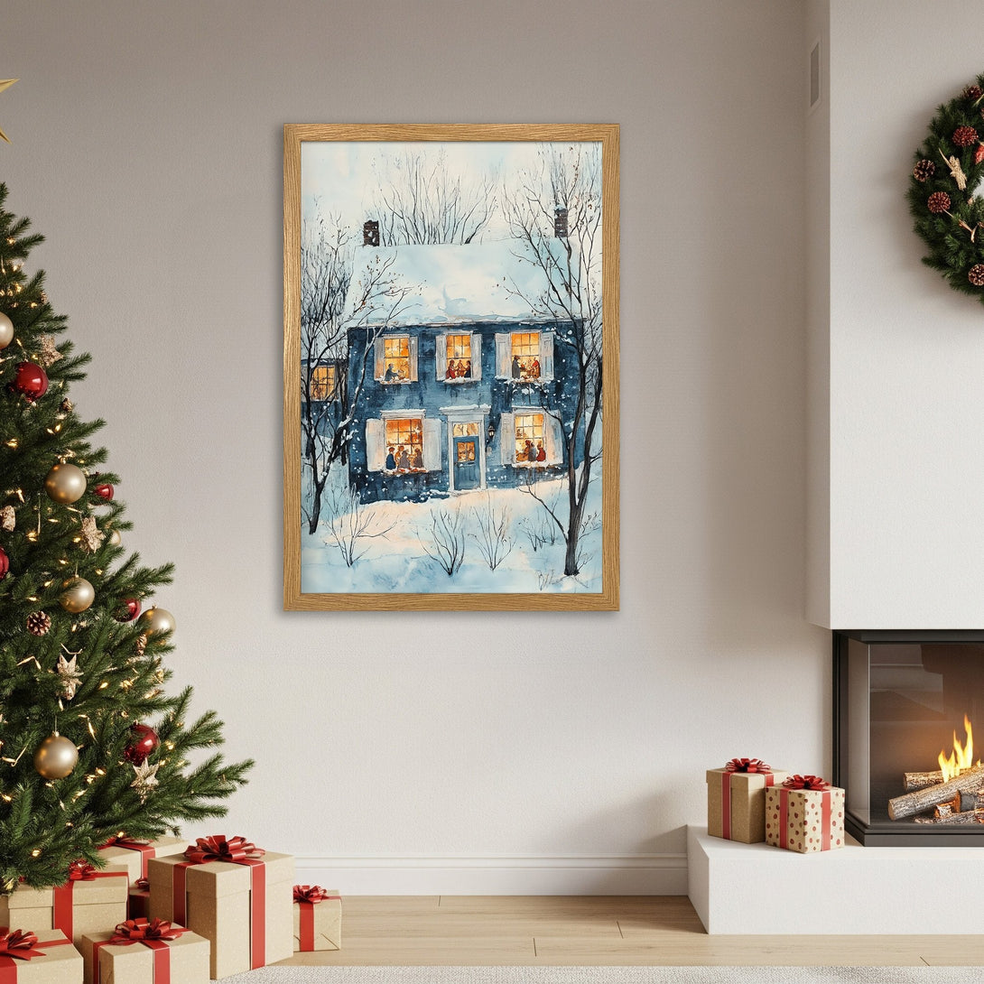 Framed Poster of a cozy winter scene, watercolor style, blue & white color palette, perfect holiday decor.