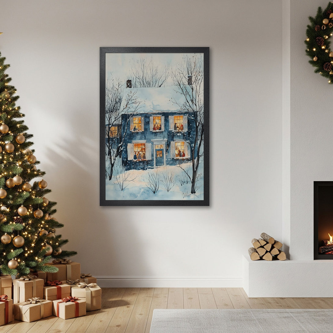 Framed Poster of a cozy winter home in watercolor style, featuring a blue and white color palette. Perfect holiday decor!
