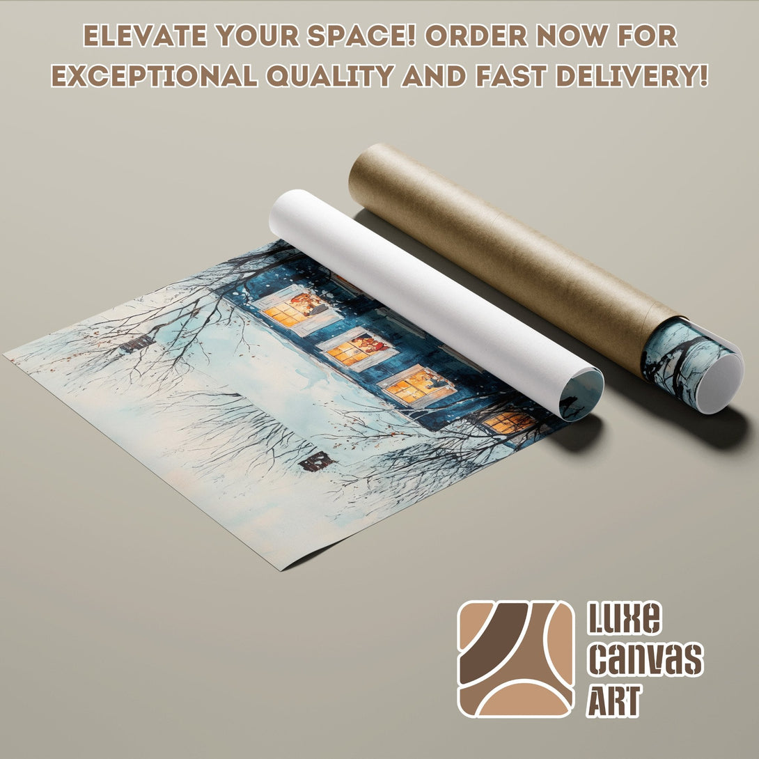 Poster Roll featuring a winter scene watercolor painting in cool blue and warm tones. Order now!