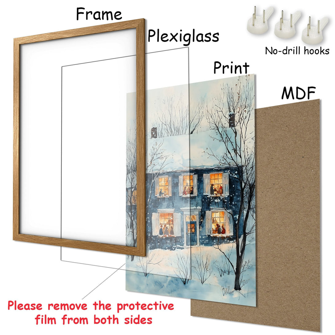 Framed Poster of a cozy winter scene in watercolor style. Features a blue house with warm lights. Soft blue and brown color palette.