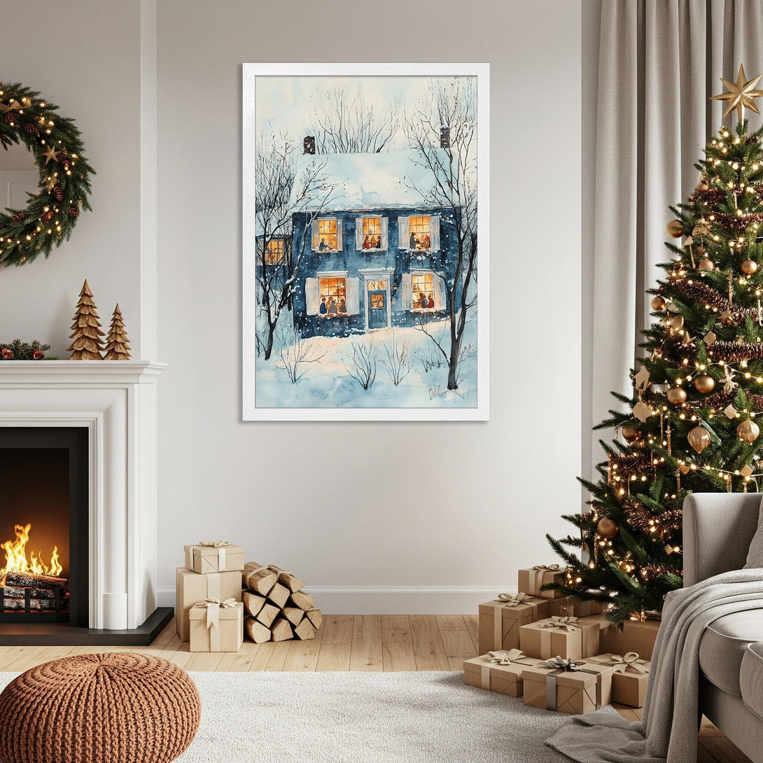 Framed Poster of a cozy winter scene, watercolor style, blue and warm tones, perfect for holiday decor.