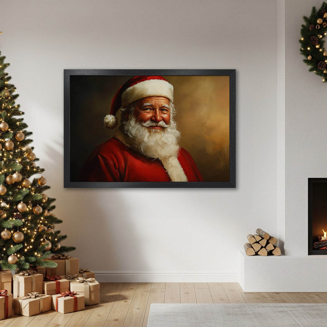 Framed Poster featuring Santa Claus portrait in warm red & gold tones, perfect Christmas decor. Add festive cheer to your home!