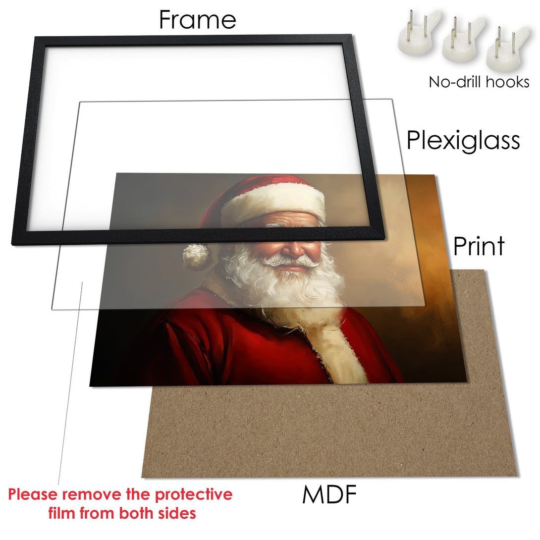 Framed Poster featuring Santa Claus in a classic style, with a warm red and gold color palette. Perfect Christmas decor!