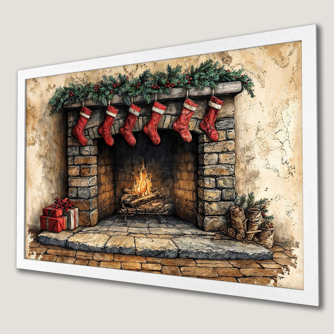 Framed Poster of a cozy Christmas fireplace with stockings, gifts, and warm color palette. Perfect holiday decor!