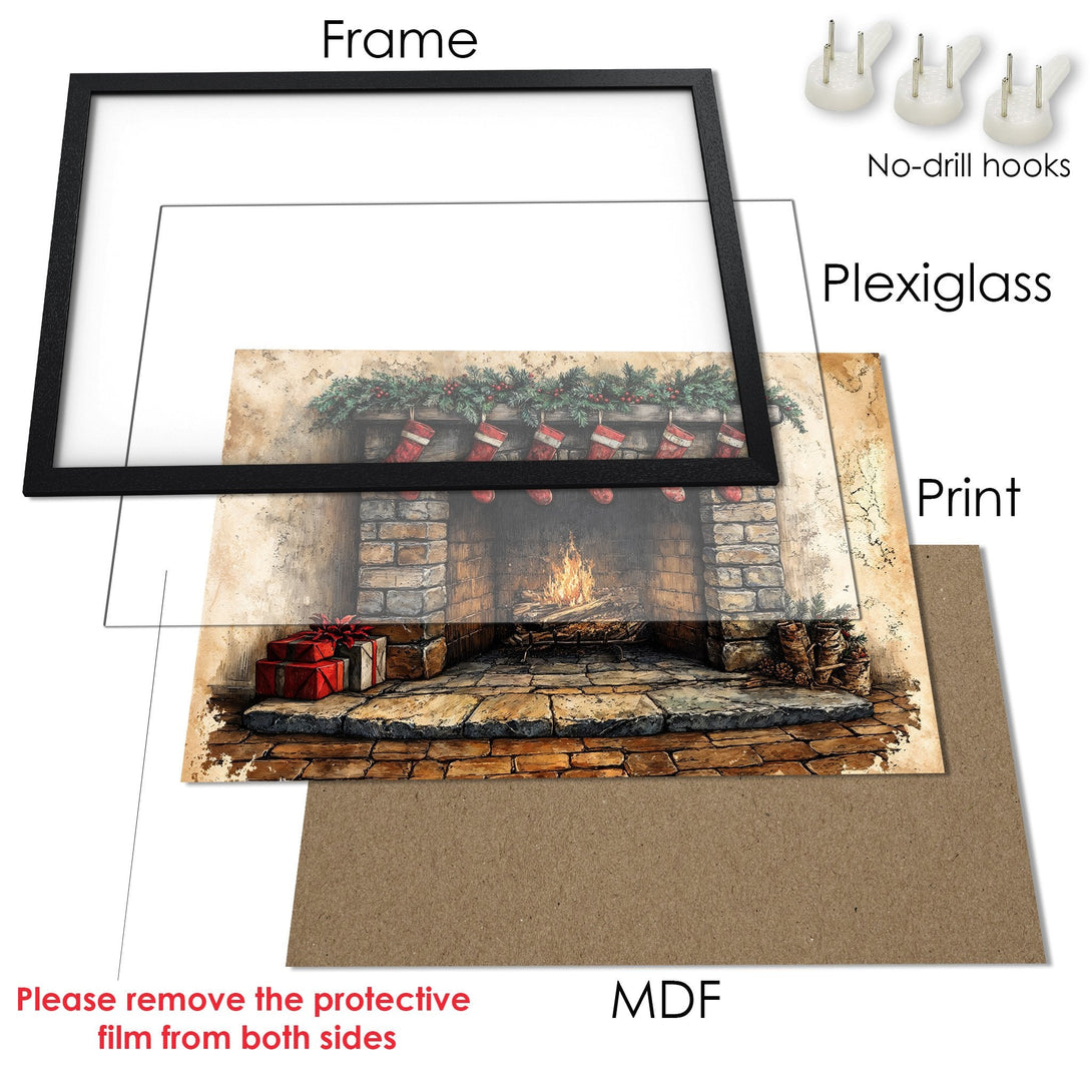 Framed Poster of a cozy fireplace scene, warm color palette, perfect for holiday decor. Add festive charm to your home!