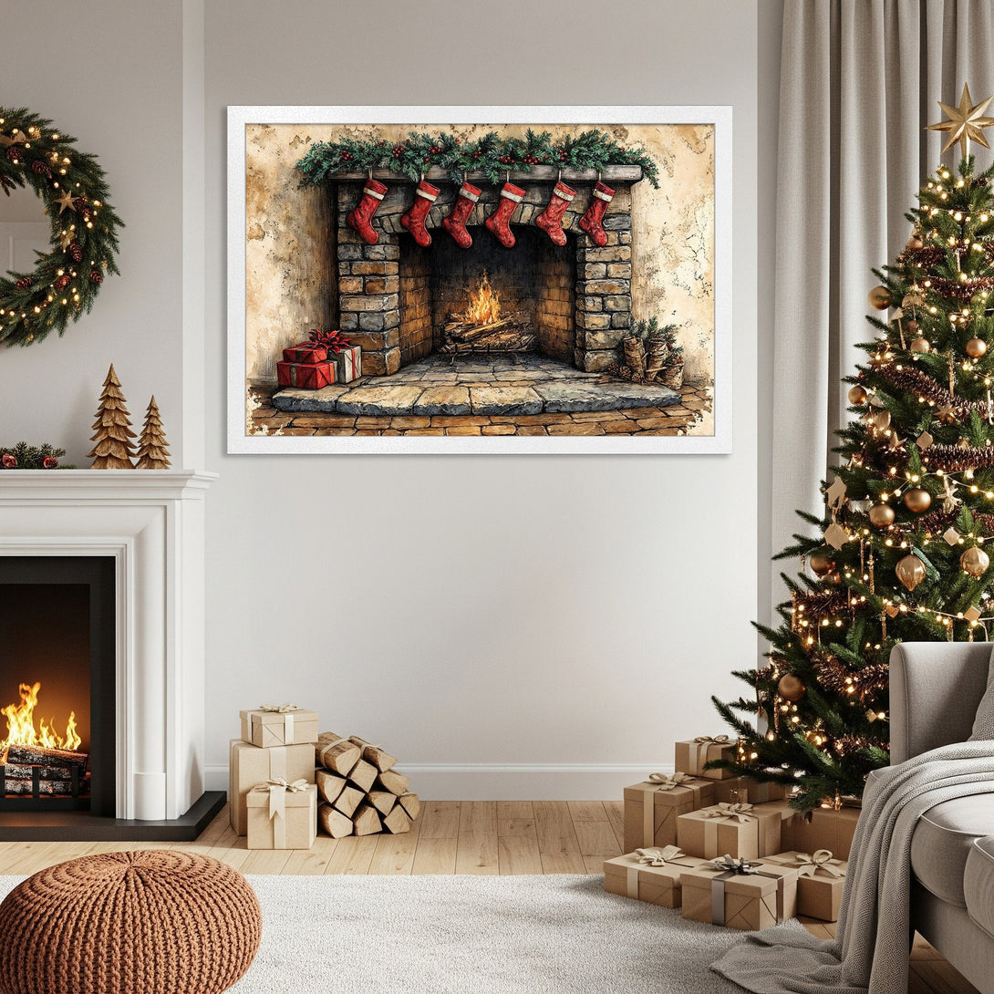 Framed Poster featuring a cozy watercolor Christmas fireplace scene. Warm, inviting color palette with red, green, and gold accents. Perfect holiday decor!