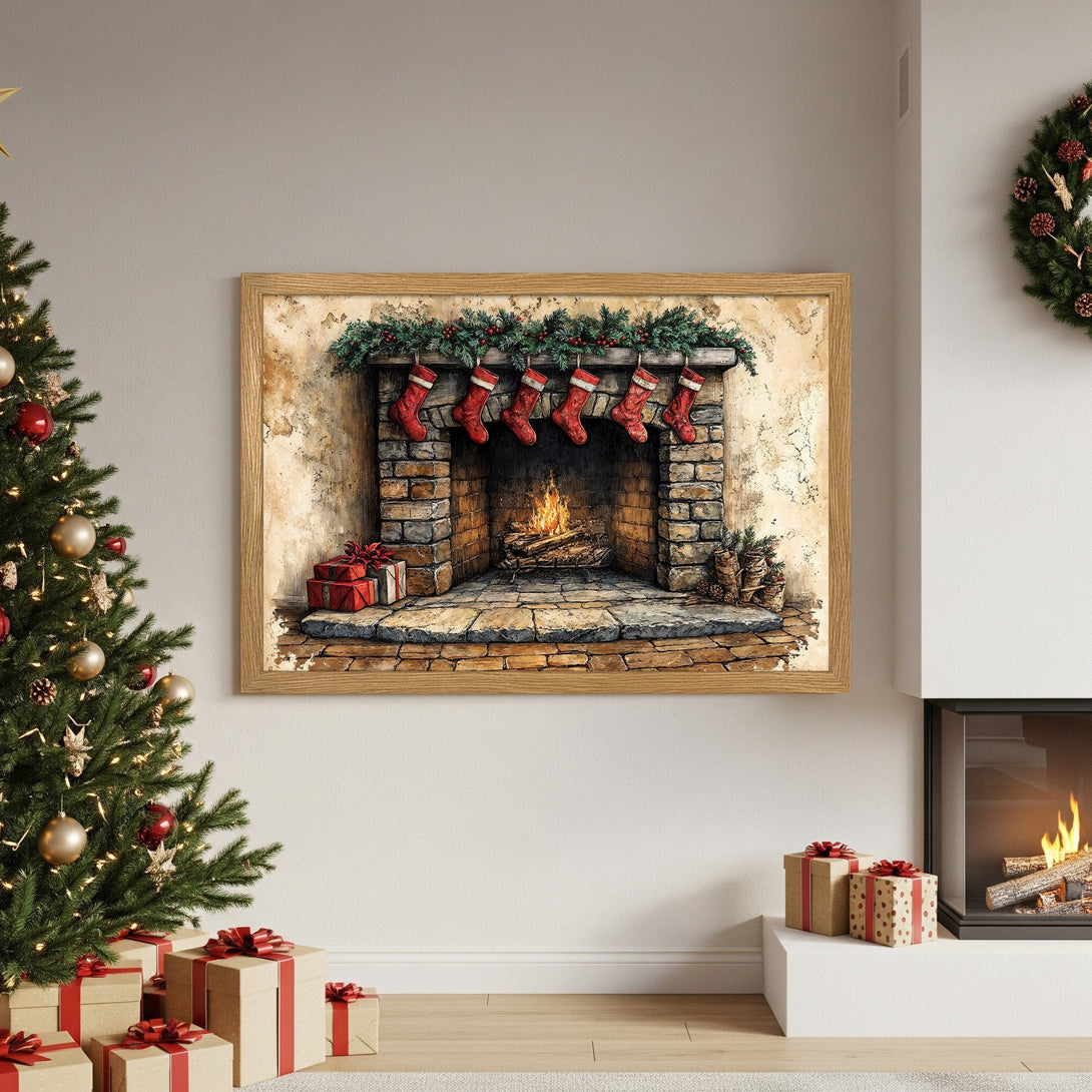 Framed Poster of a cozy Christmas fireplace, warm colors, rustic style. Perfect holiday decor!