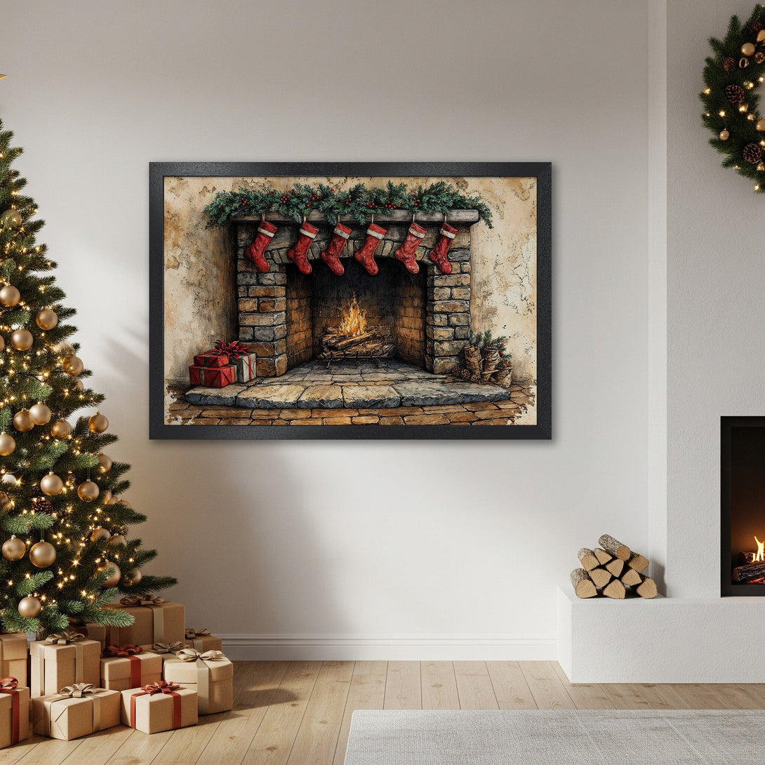 Framed Poster of a cozy Christmas fireplace scene. Warm, inviting style with a rustic color palette. Perfect holiday decor!