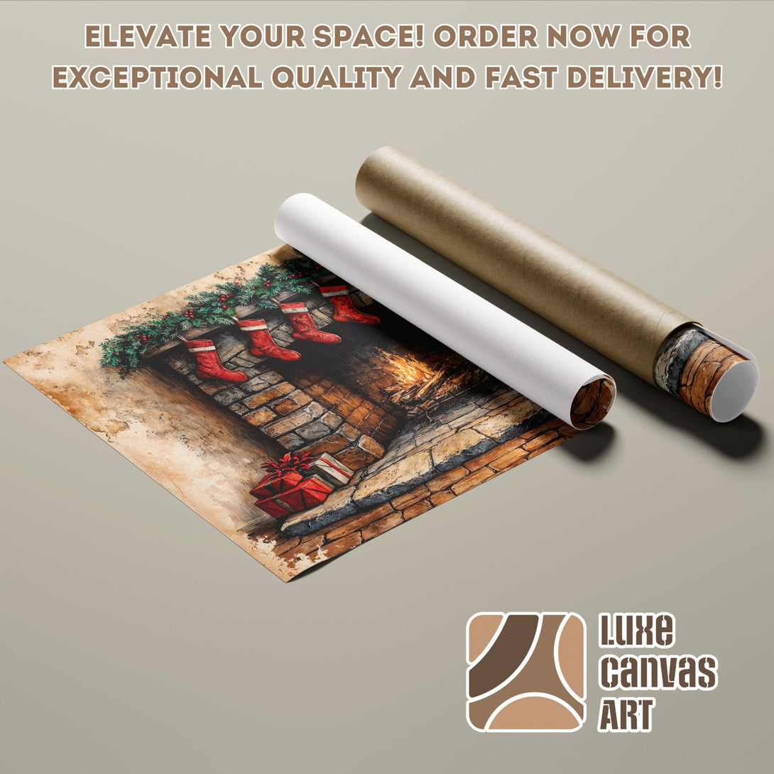Poster Roll of a cozy fireplace scene with red and green accents in warm tones.