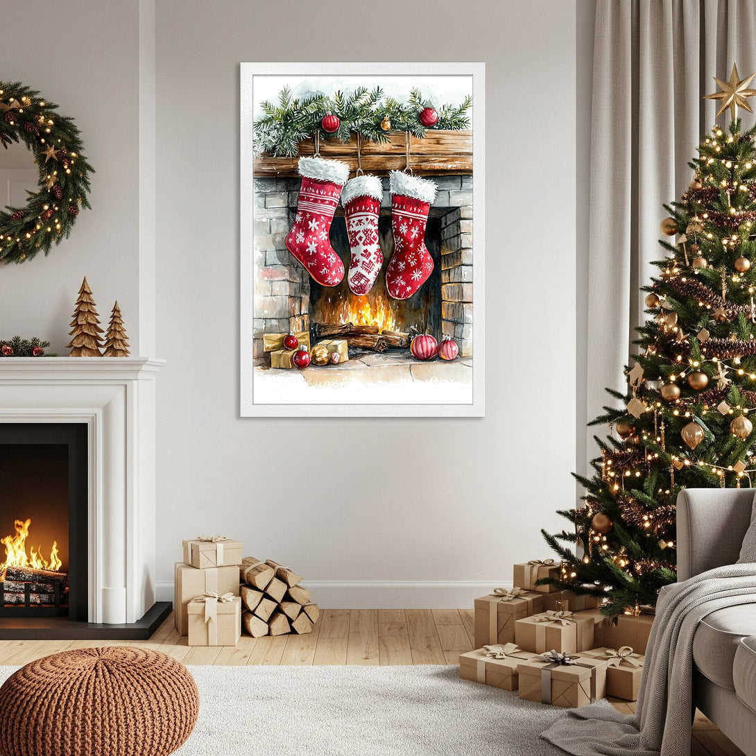 Framed Poster featuring watercolor Christmas stockings, warm color palette, perfect holiday decor.