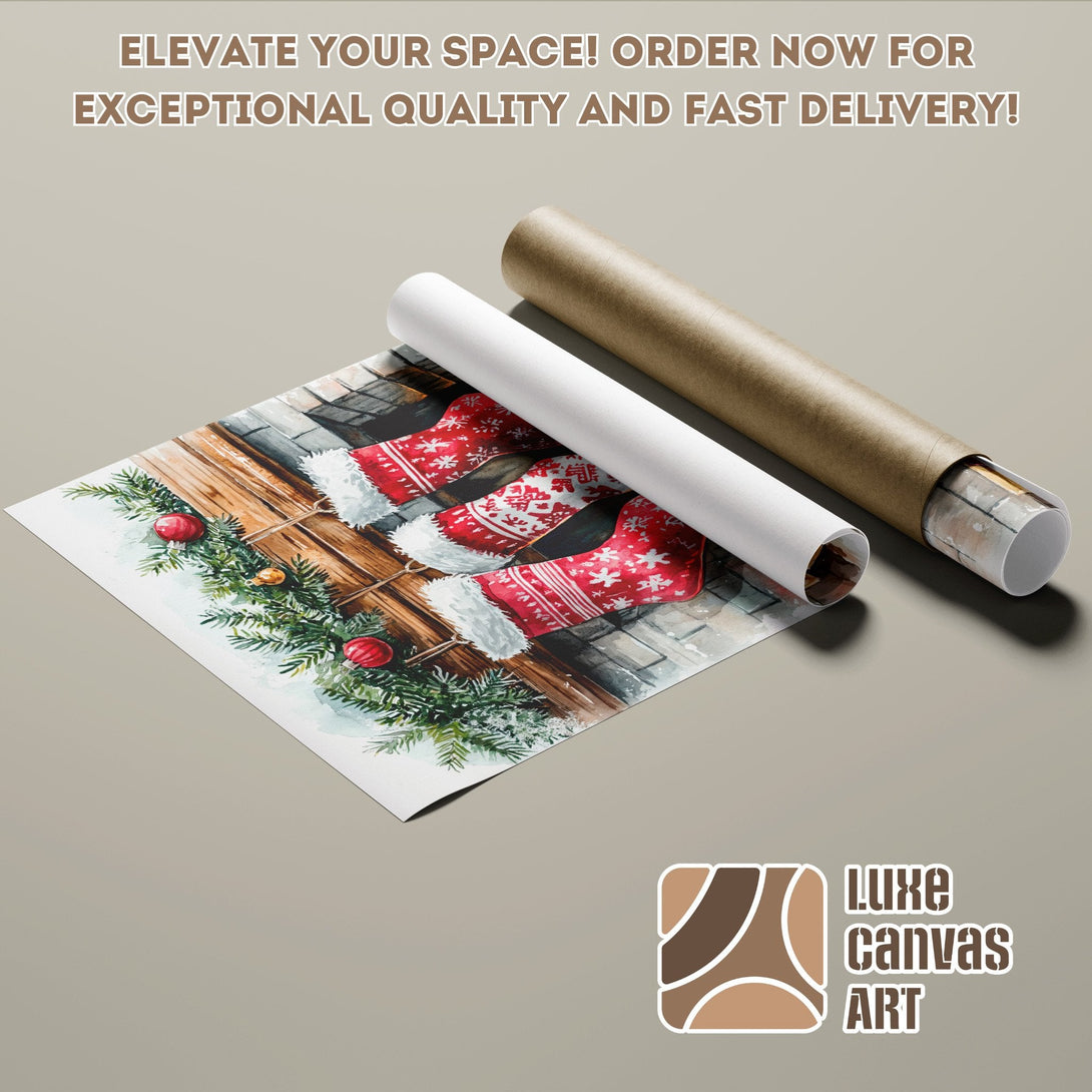 Poster Roll featuring a watercolor Christmas scene in red and green tones. Perfect holiday decor!