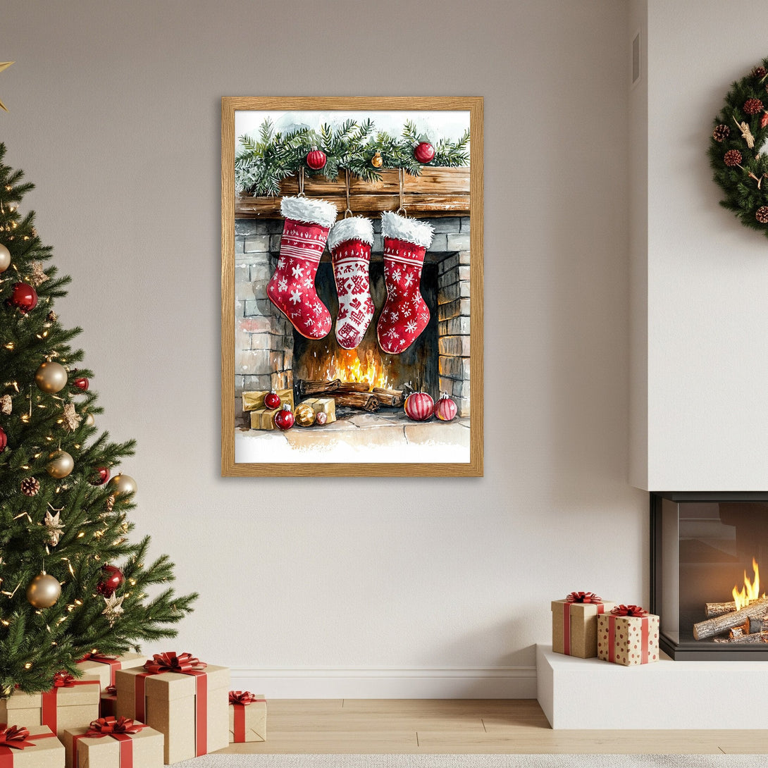 Framed Poster featuring watercolor Christmas stockings over a fireplace, warm red and green palette. Perfect holiday decor!