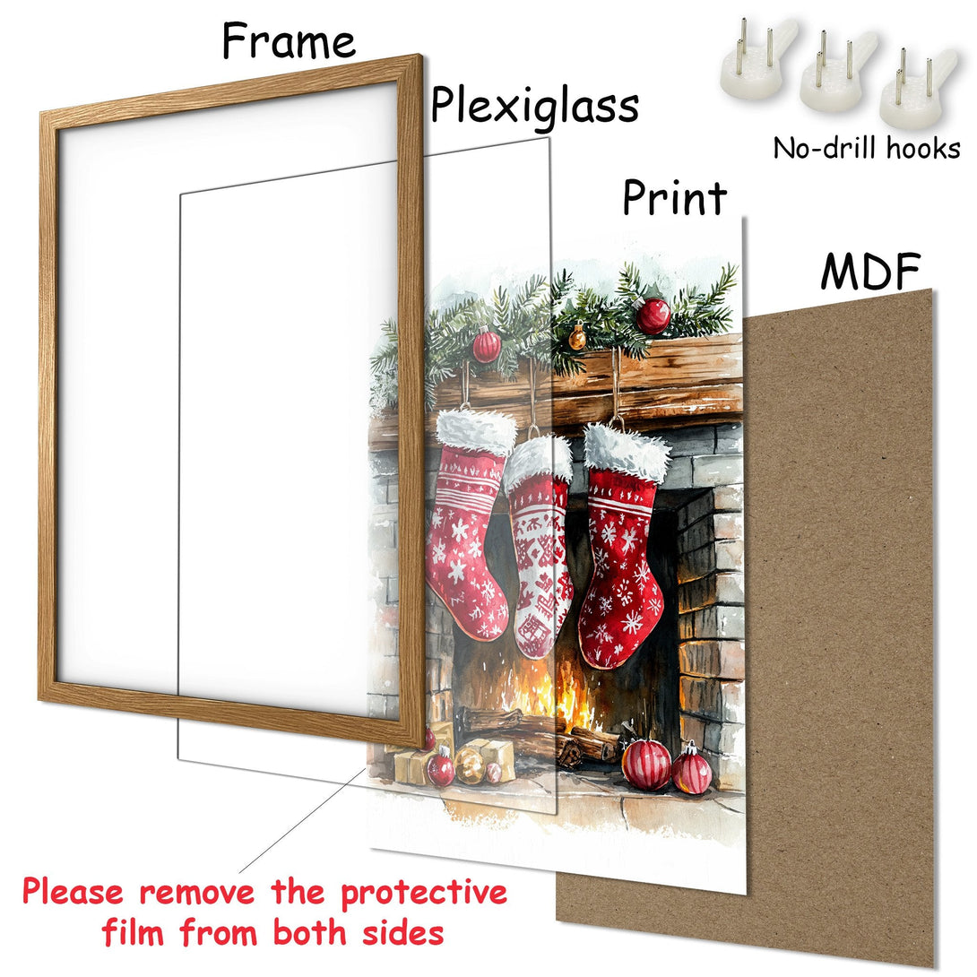 Framed Poster featuring a cozy Christmas fireplace scene in watercolor style with a warm red and green palette. Perfect holiday decor!