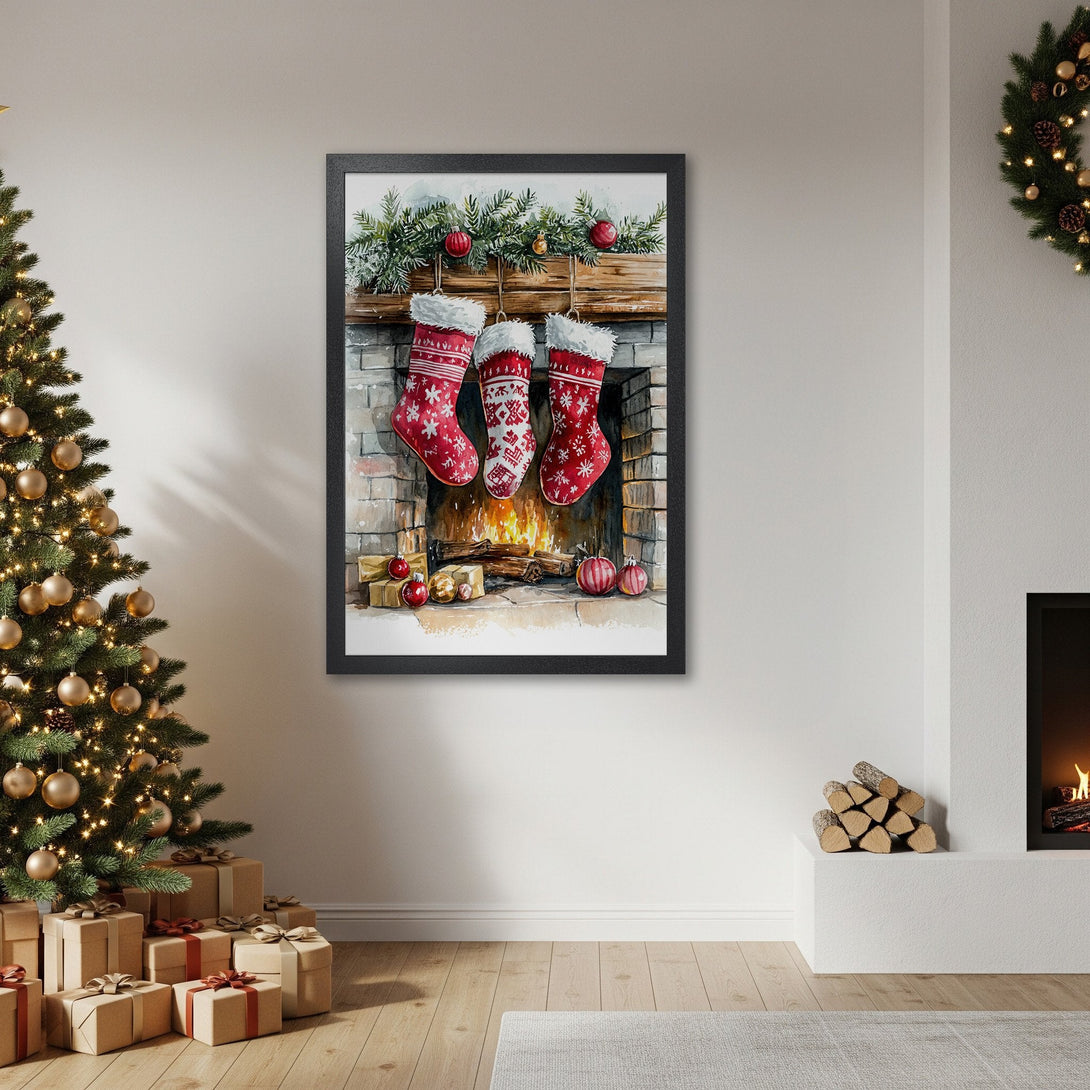 Framed Poster of watercolor Christmas stockings over a fireplace. Festive red & white palette, perfect holiday decor.